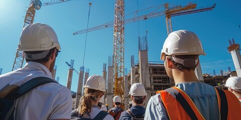 Poster - Group of male construction students looking at beautiful construction site, white safety helmets, learning, open blue sky, inspiring, crane. Generative AI.