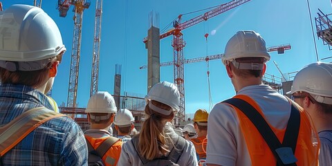 Poster - Group of male construction students looking at beautiful construction site, white safety helmets, learning, open blue sky, inspiring, crane. Generative AI.