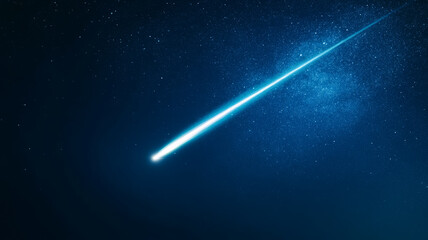 closeup of a single bright meteor streaking across the sky long exposure deep blue night sky with faint stars motion blur effect 