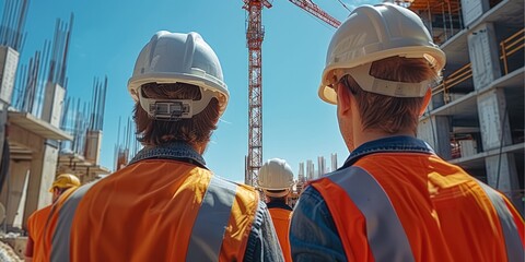 Wall Mural - Group of male construction students looking at beautiful construction site, white safety helmets, learning, open blue sky, inspiring, crane. Generative AI.