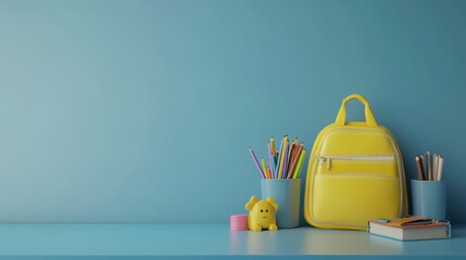 Poster - Yellow backpack and stationery on a wooden table against a blue wall
