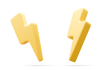 3d vector illustration set of yellow charger symbol with rotation. Yellow sign thunder. Symbol of energy, danger. Minimalistic electrical discharge.