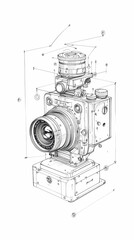 High-Resolution Black and White Line Drawing of Exploded Camera View, Detailed Technical Illustration with Camera Components and Mechanical Assembly Parts