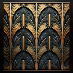  An intricate art deco pattern featuring stylized leaves and geometric shapes in gold and dark blue tones. The design showcases a luxurious and elegant aesthetic.