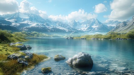 Wall Mural - Mountains in the background, clear blue water, Include a few large, weathered rocks or boulders in the foreground, adding depth to the scene, grassy landscape. Generative AI.