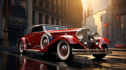 A art deco vintage red convertible car parked on a city street, showcasing its classic design with whitewall tires and chrome details. The background features tall buildings and a warm sunset glow.