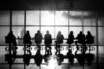 Wall Mural - Silhouetted figures of business people at a conference table, representing a professional gathering for decision-making, A group of professionals in a boardroom having a discussion. AI generated