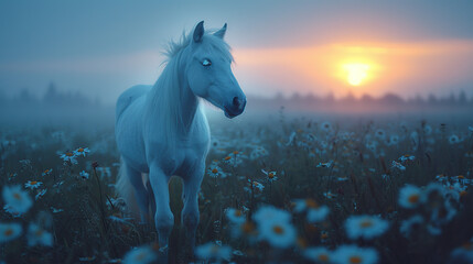 Poster - White Horse in a Field of Daisies at Sunrise