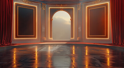 Aufkleber - Stand up comedy stage design, empty gold frames floating. Generative AI.