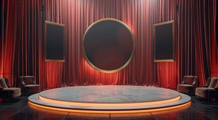 Poster - Stand up comedy stage design, empty gold frames floating. Generative AI.