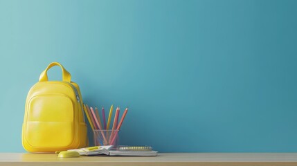 Poster - Yellow backpack and stationery on a wooden table against a blue wall
