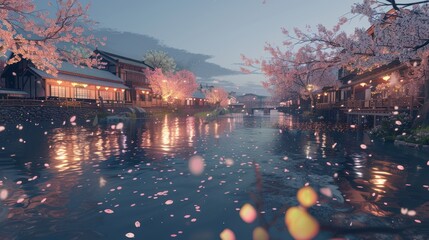 Poster - Tranquil Japanese Village with Cherry Blossoms