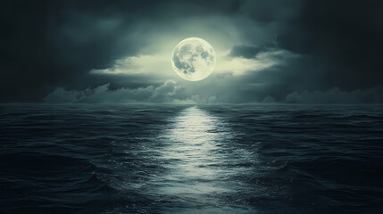 a mystical seascape with a full moon casting a silvery path across the dark ocean