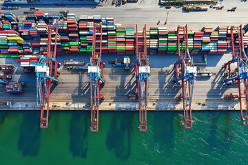 Aerial view of busy shipping terminal featuring vibrant containers and massive loading cranes.