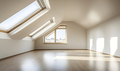 Empty classic white blank attic room for design. Empty template for interior product. Empty interior with white walls and wooden floor.