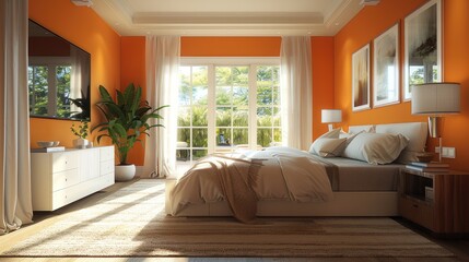 A contemporary bedroom featuring Orange walls, white furniture, and a beige carpet, rendered in high resolution with exceptional detail. Generative AI.