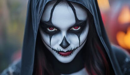 Wall Mural - beautiful woman with a black and white face paint for halloween