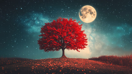 Beautiful autumn fantasy - maple tree in fall season and full moon with milky way star in night skies background. Retro style artwork with vintage color tone 