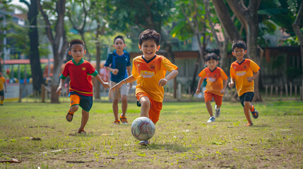 A group of young boys energetically playing soccer in an outdoor park, capturing the joy of childhood sports and teamwork on a bright, sunny day.