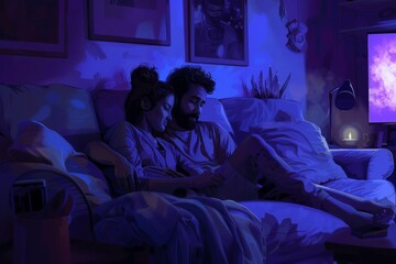 Wall Mural - A pair of spouses cuddling on the couch, watching a movie together. Ai generated