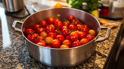 Red and yellow tomatoes in a stainless steel pot