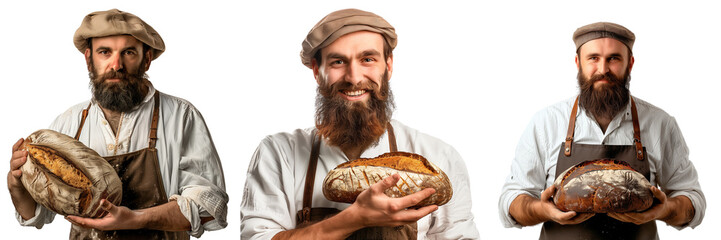 Collage of bearded baker in a traditional cap and apron, proudly displaying a freshly baked loaf of bread,isolated on a transparent background 