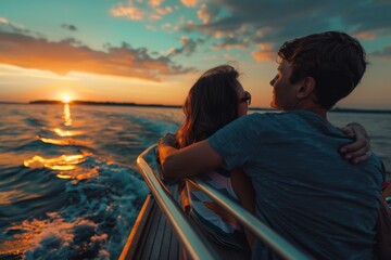 Wall Mural - A couple enjoying a serene moment on a boat as the sun sets, casting warm hues across the sky and water, A pair of spouses holding each other close during a romantic sunset boat ride, AI generated