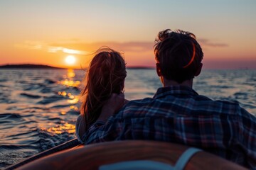 Wall Mural - A couple sitting together on a boat during sunset, with the sky painted in shades of orange and pink, A pair of spouses holding each other close during a romantic sunset boat ride, AI generated