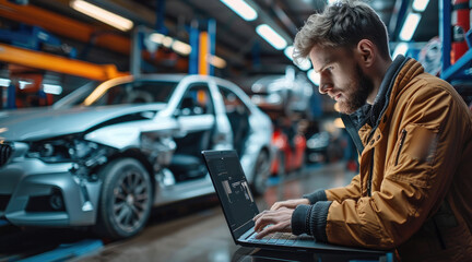 Leinwandbilder - A man edit a picture of a car on his laptop in an attempt to hide the damage, damaged car on background, whole car in laptop screen. Generative AI.