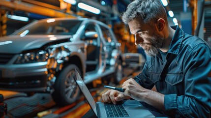 Leinwandbilder - A man edit a picture of a car on his laptop in an attempt to hide the damage, damaged car on background, whole car in laptop screen. Generative AI.