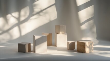 Sticker - Wooden Blocks Arranged on a White Surface with Light and Shadow