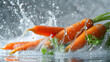 © Gita - Close-up of fresh carrots with green tops, splashing in water against a neutral background. A dynamic and vibrant depiction of fresh produce, emphasizing cleanliness and organic farming.