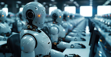 Leinwandbilder - An office of a many robots in computer at office. Generative AI.
