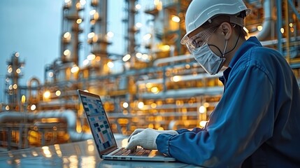 Wall Mural - Worker in protective gear analyzing data on a laptop, modern refinery in the background, technological advancement in industry. Generative AI.