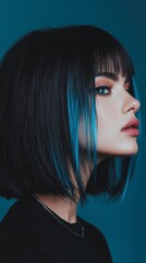 Wall Mural - close-up portrait of a young model with black and sky blue bob hair style