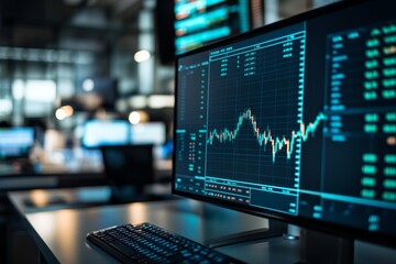 Wall Mural - A digital stock market graph shows fluctuating data trends on a computer screen in a busy trading room with multiple monitors active