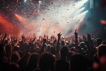 Wall Mural - A lively crowd cheers as confetti cascades down on performers during an exhilarating concert, creating an electrifying atmosphere full of energy and excitement