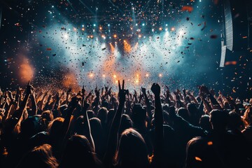 Wall Mural - Crowd members cheer and raise their hands as colorful confetti falls, creating a festive atmosphere during a spectacular concert performance