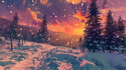 Poster - Snowy Sunset in the Mountains