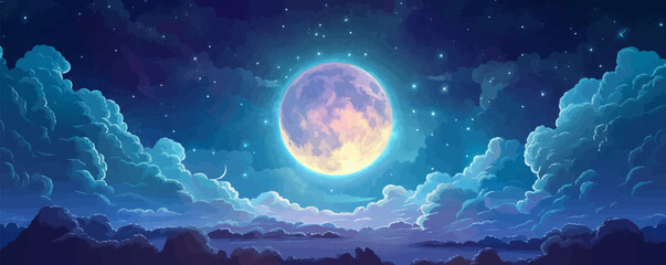 full moon with clouds passing by. vector flat isolated.