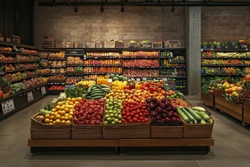 Wall Mural - A variety of colorful fruits and vegetables are artistically arranged in baskets and on shelves, inviting shoppers to explore healthy options in the store's produce section