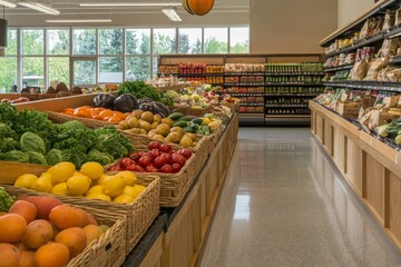 Wall Mural - A well-organized produce section displays an array of colorful fruits and vegetables, inviting shoppers to choose fresh healthy options