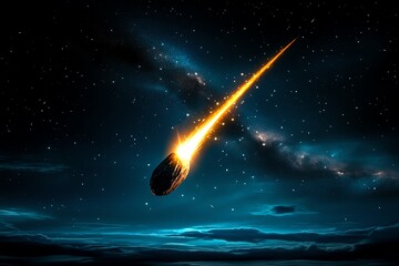Wall Mural - A fiery meteor streaks across a star-filled night sky.  The meteor leaves a trail of smoke and light as it hurtles through the atmosphere.