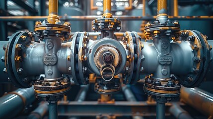 Fototapete - Factory valve and pipe technology construction design, oil and gas plant. Industrial application. Industrial area. Generative AI.