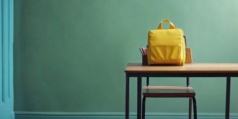 Poster - Back to school concept. Schoolbag on the desk in the classroom
