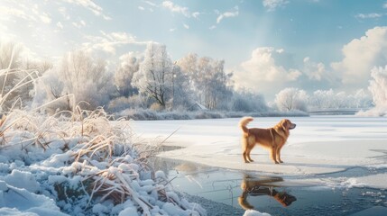 Poster - Golden Retriever Standing on Frozen Lake in Winter Wonderland