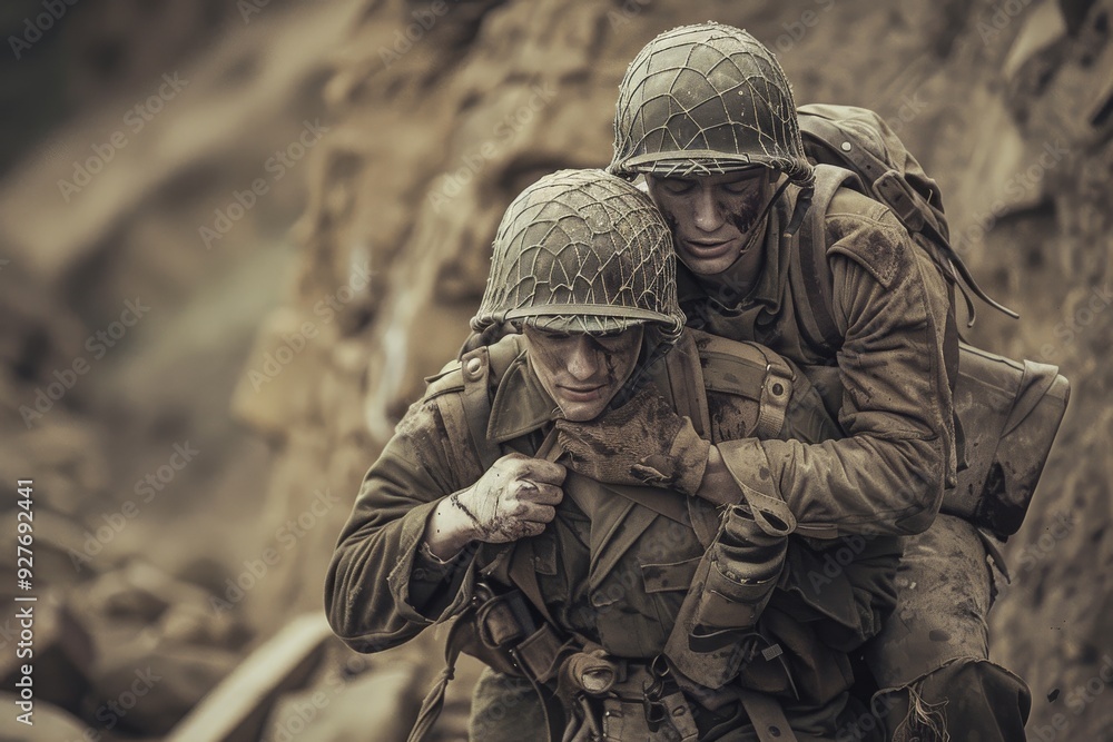 Two soldiers carry their injured comrade through a field, highlighting ...
