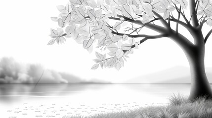 Wall Mural - A serene lakeside view in autumn, showcasing clean outlines and delicate foliage ideal for black and white coloring. The crisp lines make this scene very easy to color.