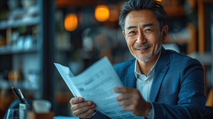 Aufkleber - an Asian businessman working at his desk, he is smiling, he is reading a report. Generative AI.