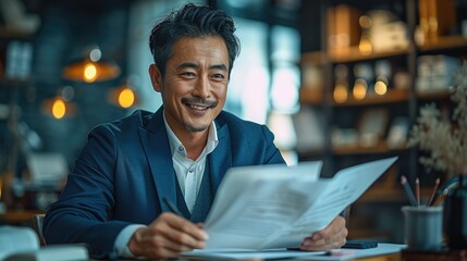 Aufkleber - an Asian businessman working at his desk, he is smiling, he is reading a report. Generative AI.